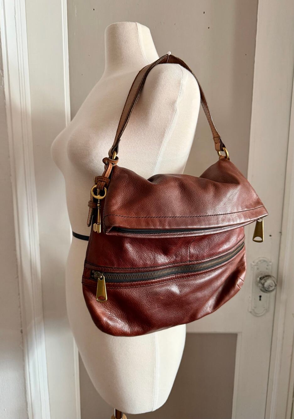 FOSSIL Explorer Foldover Brown Leather Hobo Bag